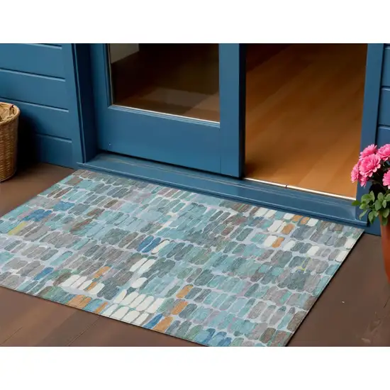 Teal Blue Copper And Ivory Abstract Washable Indoor Outdoor Area Rug Photo 1