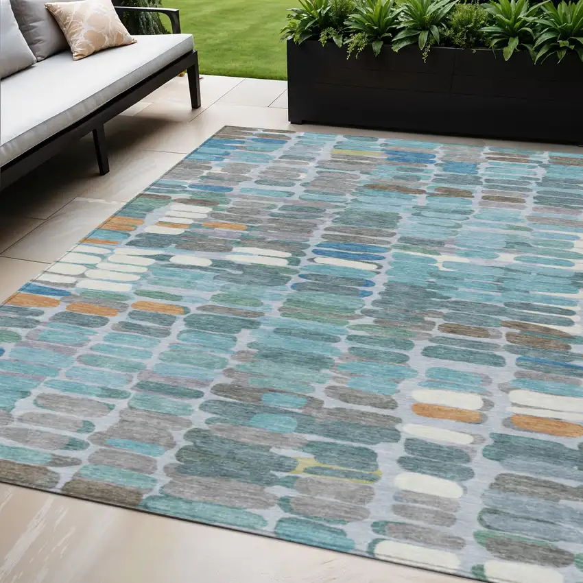 Teal Blue Copper And Ivory Abstract Washable Indoor Outdoor Area Rug Photo 1