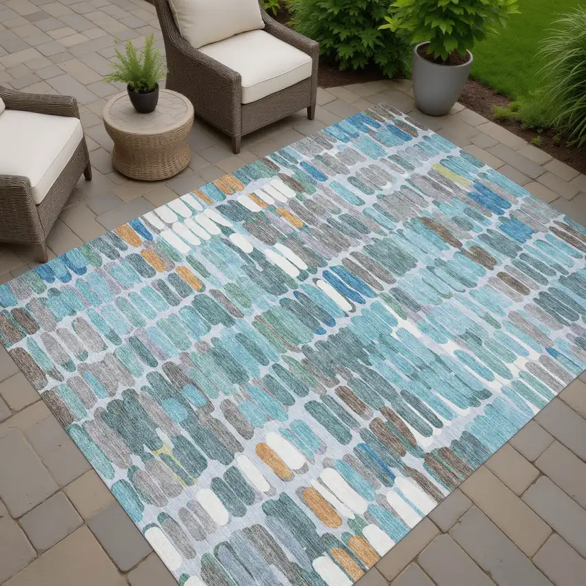 Teal Blue Copper And Ivory Abstract Washable Indoor Outdoor Area Rug Photo 8