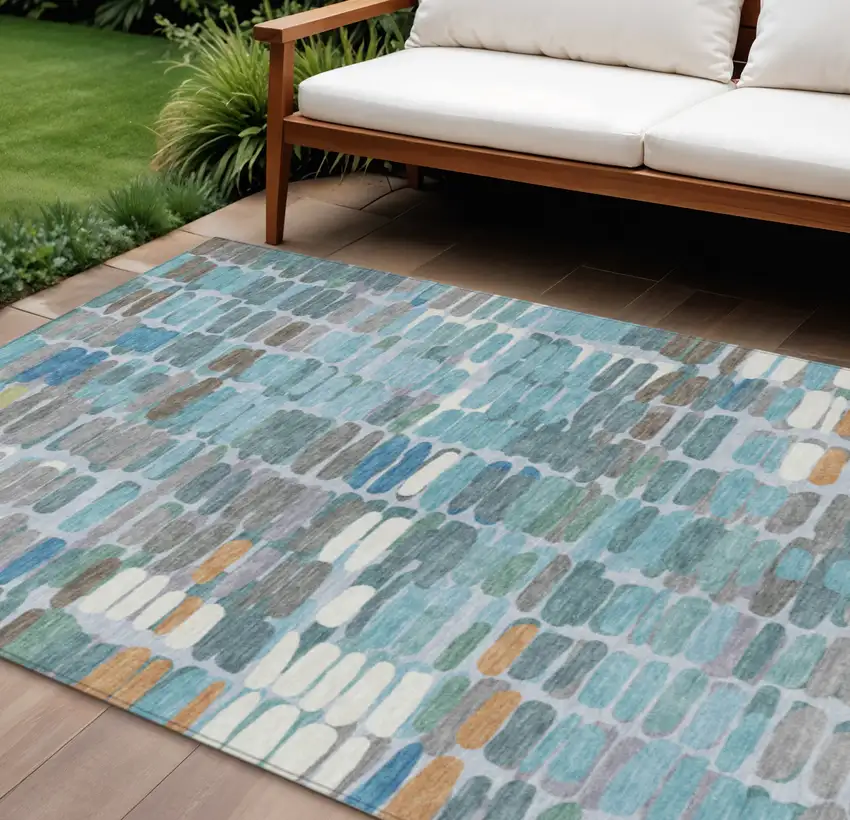 Teal Blue Copper And Ivory Abstract Washable Indoor Outdoor Area Rug Photo 1