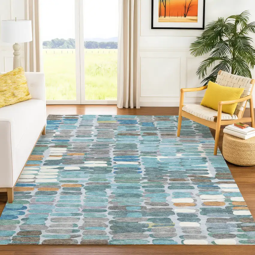 Teal Blue Copper And Ivory Abstract Washable Indoor Outdoor Area Rug Photo 9