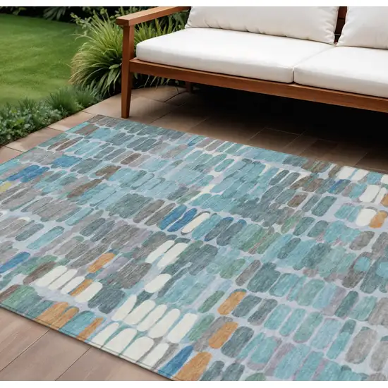 Teal Blue Copper And Ivory Abstract Washable Indoor Outdoor Area Rug Photo 1
