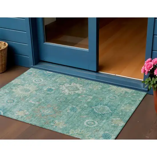 Teal Blue Copper And Ivory Floral Medallion Washable Indoor Outdoor Area Rug Photo 2