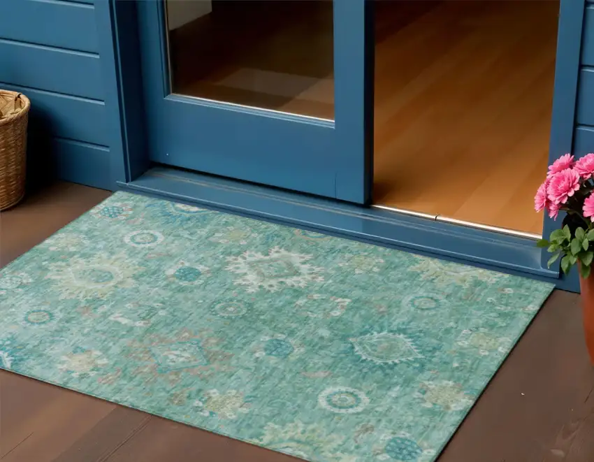 Teal Blue Copper And Ivory Floral Medallion Washable Indoor Outdoor Area Rug Photo 2