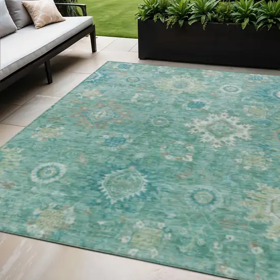 Teal Blue Copper And Ivory Floral Medallion Washable Indoor Outdoor Area Rug Photo 2