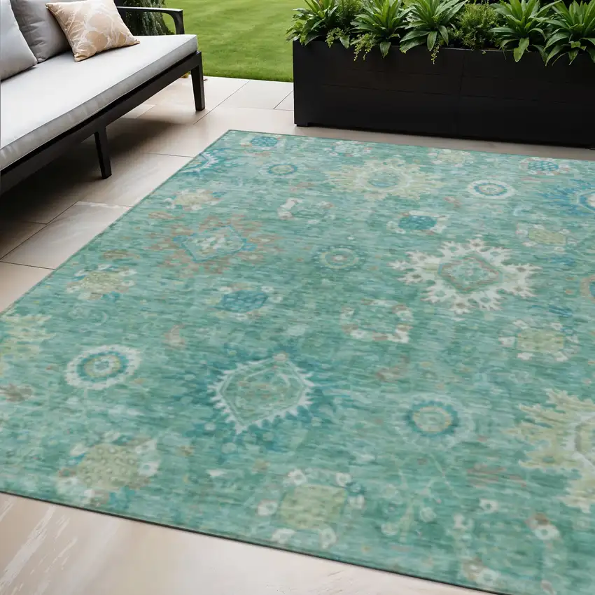 Teal Blue Copper And Ivory Floral Medallion Washable Indoor Outdoor Area Rug Photo 2