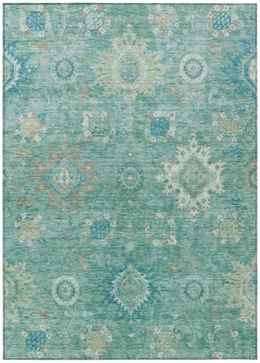 Teal Blue Copper And Ivory Floral Medallion Washable Indoor Outdoor Area Rug Photo 1