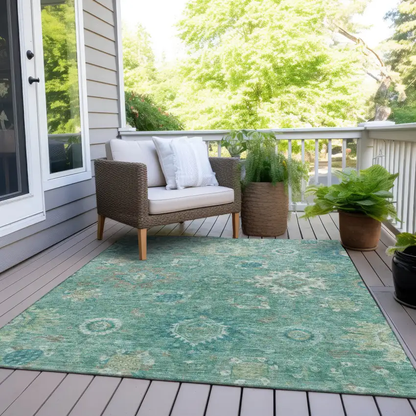 Teal Blue Copper And Ivory Floral Medallion Washable Indoor Outdoor Area Rug Photo 8
