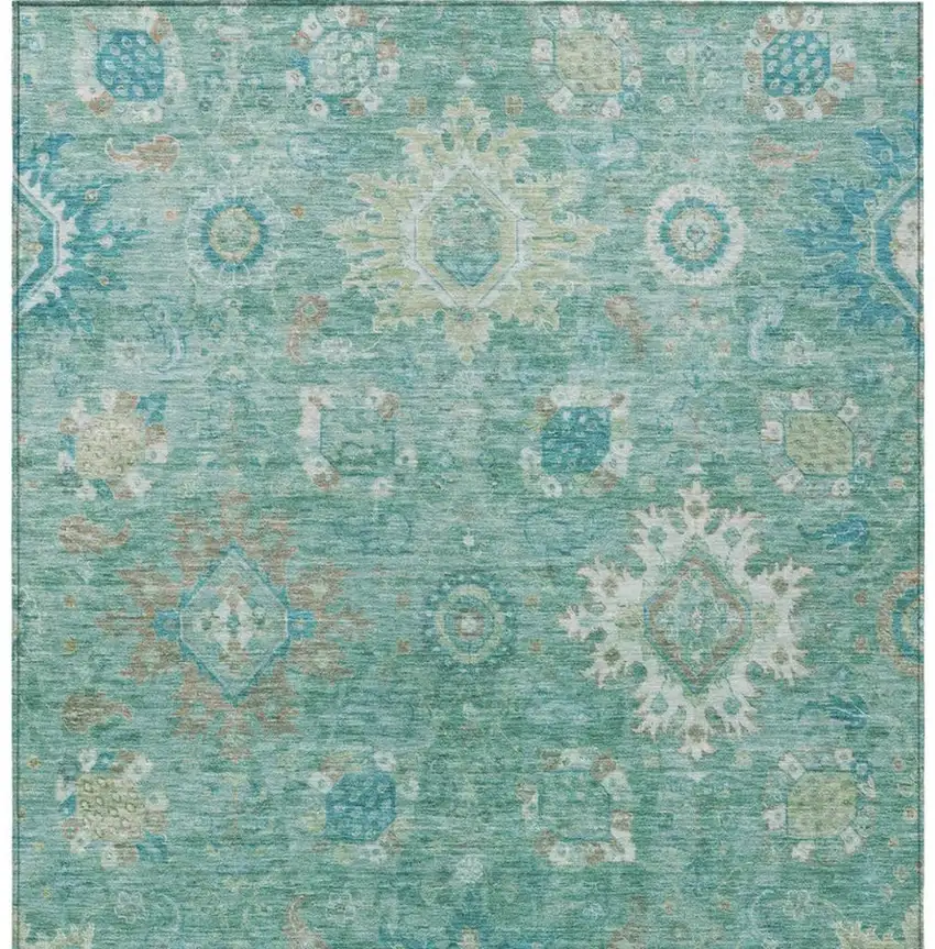 Teal Blue Copper And Ivory Floral Medallion Washable Indoor Outdoor Area Rug Photo 4