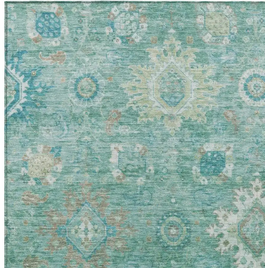 Teal Blue Copper And Ivory Floral Medallion Washable Indoor Outdoor Area Rug Photo 3