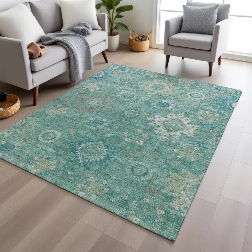 Teal Blue Copper And Ivory Floral Medallion Washable Indoor Outdoor Area Rug Photo 6