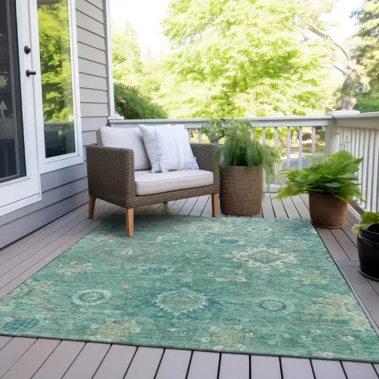 Teal Blue Copper And Ivory Floral Medallion Washable Indoor Outdoor Area Rug Photo 8