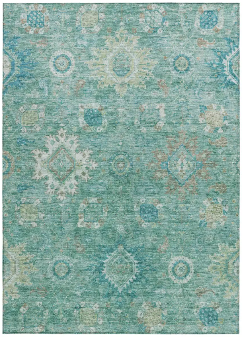 Teal Blue Copper And Ivory Floral Medallion Washable Indoor Outdoor Area Rug Photo 4