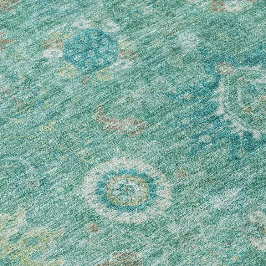 Teal Blue Copper And Ivory Floral Medallion Washable Indoor Outdoor Area Rug Photo 9