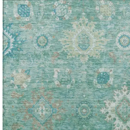 Teal Blue Copper And Ivory Floral Medallion Washable Indoor Outdoor Area Rug Photo 7