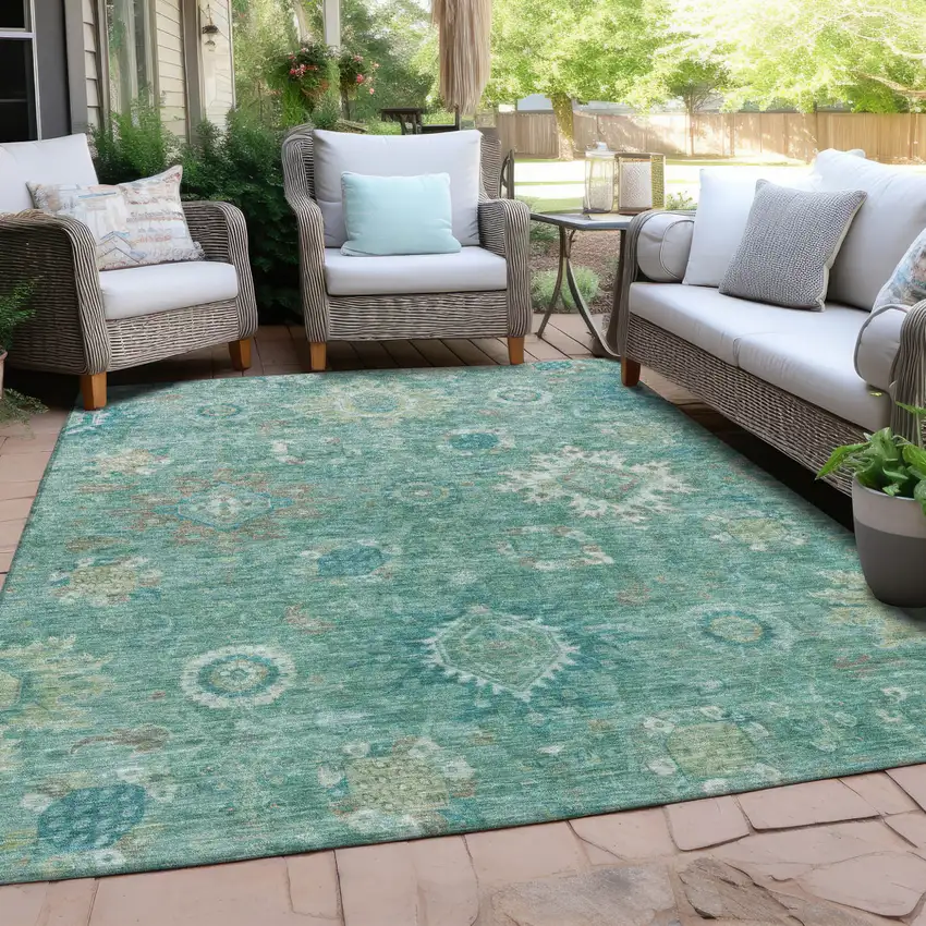 Teal Blue Copper And Ivory Floral Medallion Washable Indoor Outdoor Area Rug Photo 5