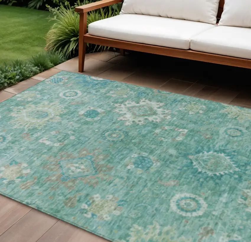 Teal Blue Copper And Ivory Floral Medallion Washable Indoor Outdoor Area Rug Photo 2
