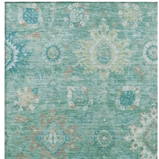 Teal Blue Copper And Ivory Floral Medallion Washable Indoor Outdoor Area Rug Photo 4