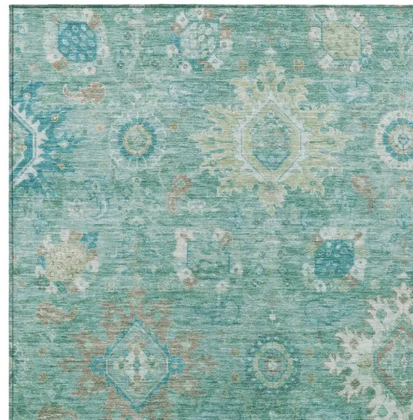 Teal Blue Copper And Ivory Floral Medallion Washable Indoor Outdoor Area Rug Photo 4