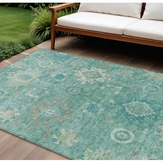 Teal Blue Copper And Ivory Floral Medallion Washable Indoor Outdoor Area Rug Photo 2