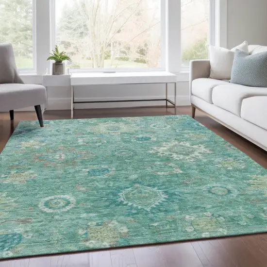 Teal Blue Copper And Ivory Floral Medallion Washable Indoor Outdoor Area Rug Photo 7