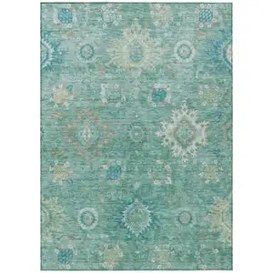 Photo of Teal Blue Copper And Ivory Floral Medallion Washable Indoor Outdoor Area Rug