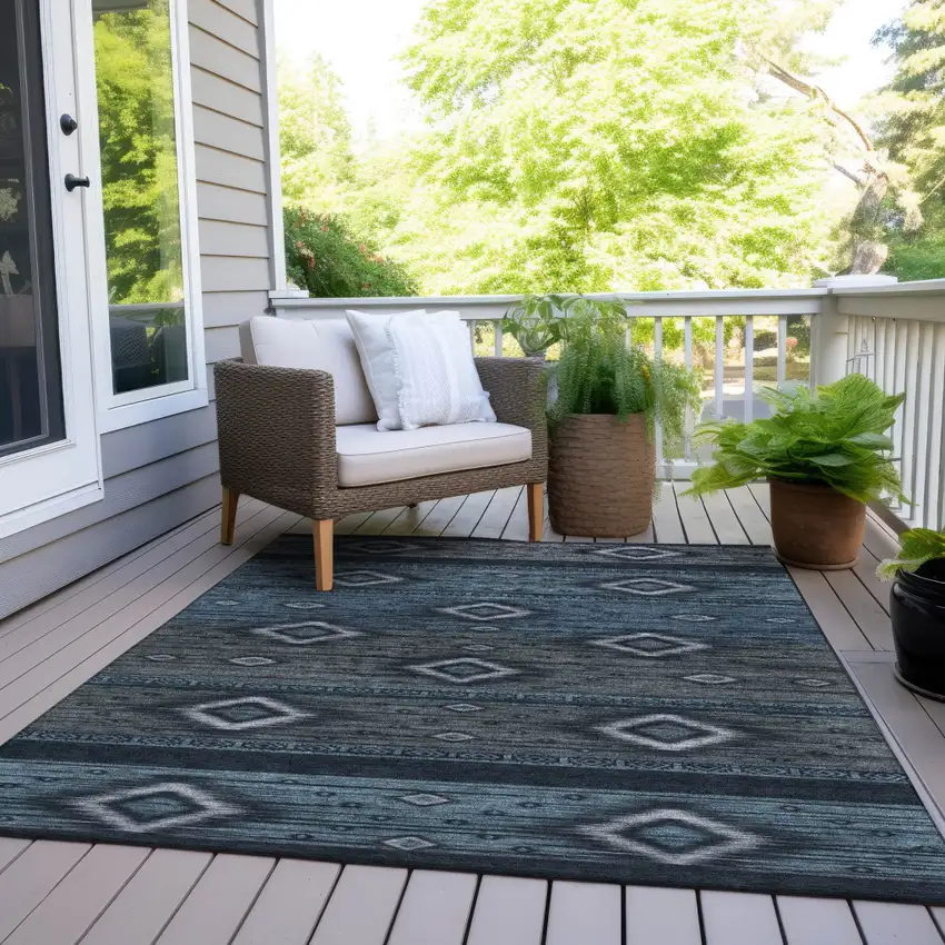 Teal Blue Denim Blue And Gray Tribal Washable Indoor Outdoor Area Rug Photo 8