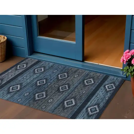 Teal Blue Denim Blue And Gray Tribal Washable Indoor Outdoor Area Rug Photo 2