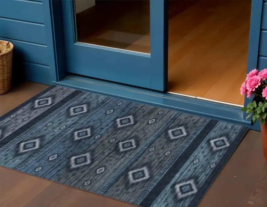 Teal Blue Denim Blue And Gray Tribal Washable Indoor Outdoor Area Rug Photo 2
