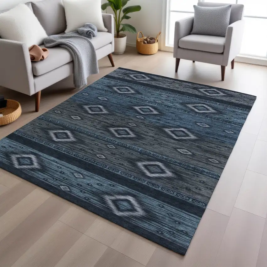 Teal Blue Denim Blue And Gray Tribal Washable Indoor Outdoor Area Rug Photo 6