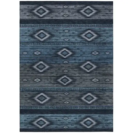 Teal Blue Denim Blue And Gray Tribal Washable Indoor Outdoor Area Rug Photo 1