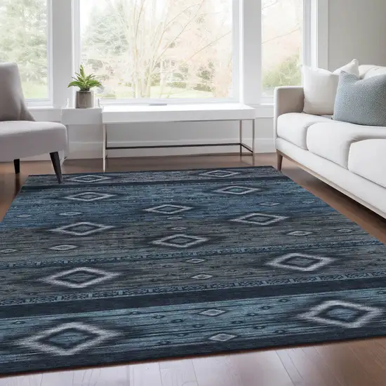Teal Blue Denim Blue And Gray Tribal Washable Indoor Outdoor Area Rug Photo 7