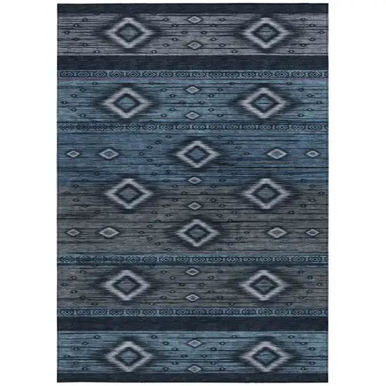 Teal Blue Denim Blue And Gray Tribal Washable Indoor Outdoor Area Rug Photo 3