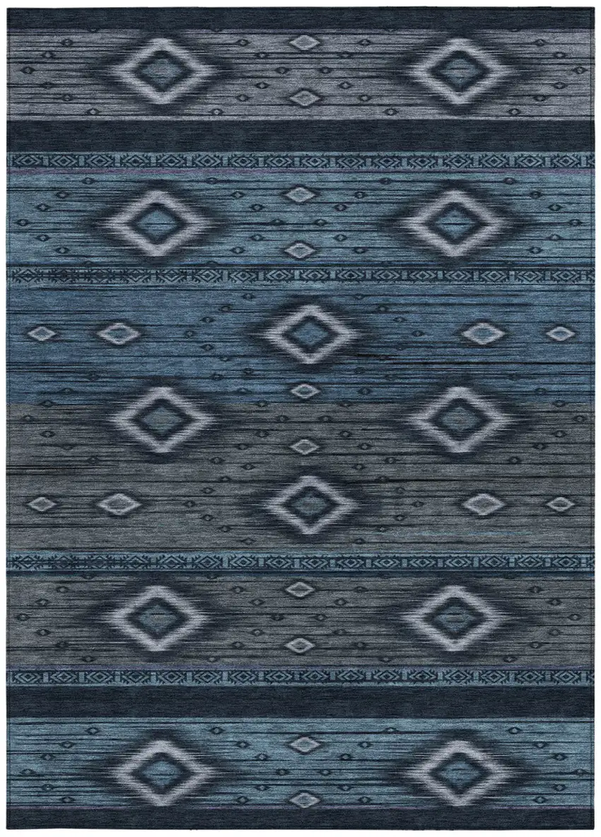 Teal Blue Denim Blue And Gray Tribal Washable Indoor Outdoor Area Rug Photo 3