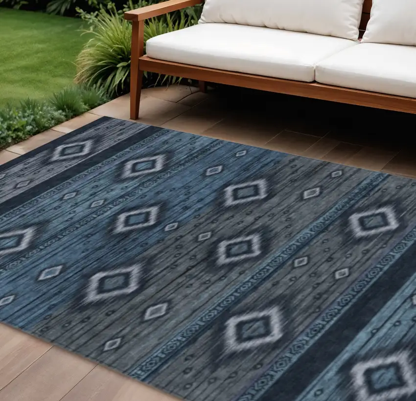 Teal Blue Denim Blue And Gray Tribal Washable Indoor Outdoor Area Rug Photo 2