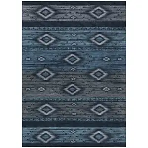 Photo of Teal Blue Denim Blue And Gray Tribal Washable Indoor Outdoor Area Rug