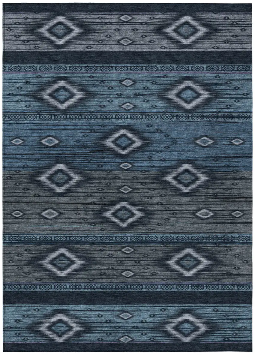 Teal Blue Denim Blue And Gray Tribal Washable Indoor Outdoor Area Rug Photo 1