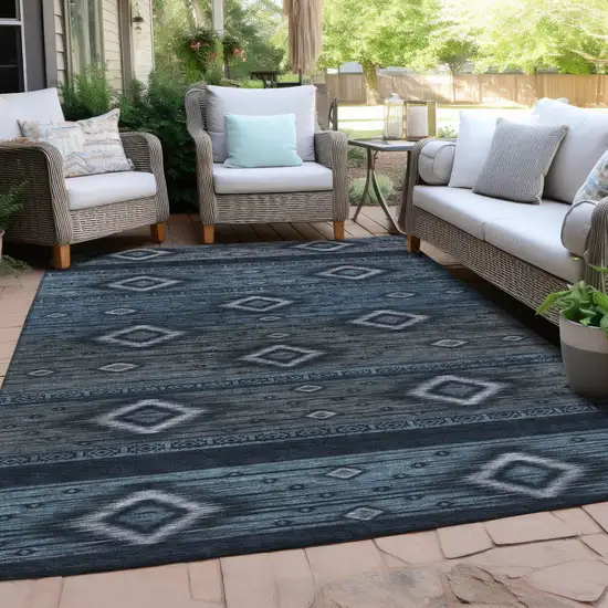 Teal Blue Denim Blue And Gray Tribal Washable Indoor Outdoor Area Rug Photo 5