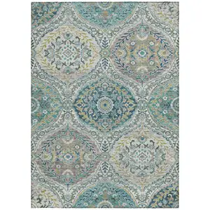 Photo of Teal Blue Fern Green And Beige Floral Washable Indoor Outdoor Area Rug