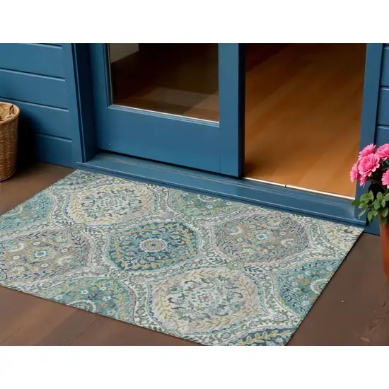 Teal Blue Fern Green And Beige Floral Washable Indoor Outdoor Area Rug Photo 2