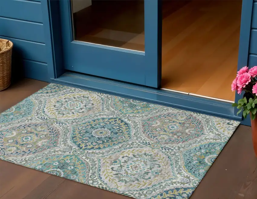 Teal Blue Fern Green And Beige Floral Washable Indoor Outdoor Area Rug Photo 2