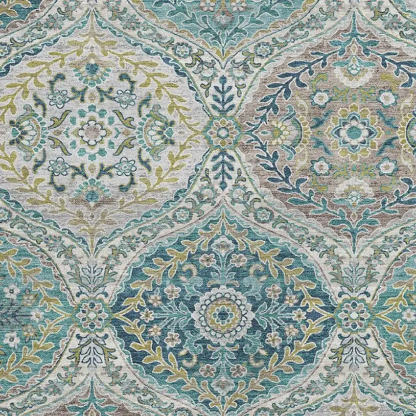Teal Blue Fern Green And Beige Floral Washable Indoor Outdoor Area Rug Photo 3