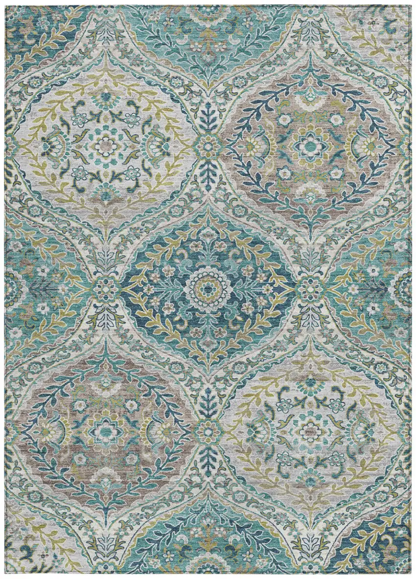 Teal Blue Fern Green And Beige Floral Washable Indoor Outdoor Area Rug Photo 1
