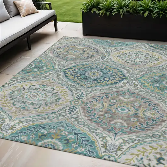 Teal Blue Fern Green And Beige Floral Washable Indoor Outdoor Area Rug Photo 2