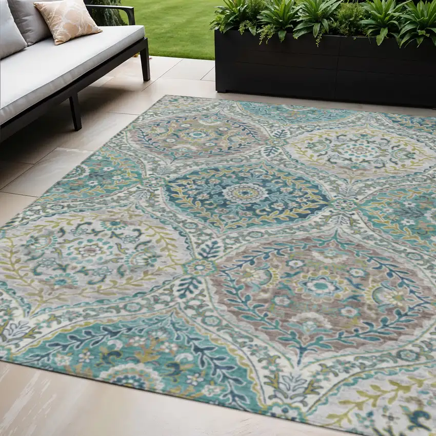 Teal Blue Fern Green And Beige Floral Washable Indoor Outdoor Area Rug Photo 2