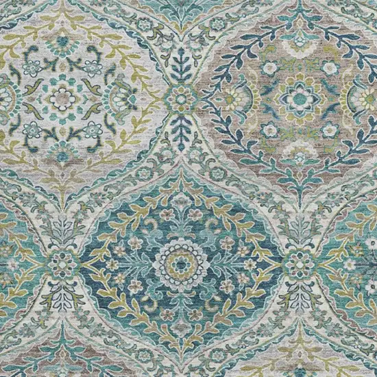 Teal Blue Fern Green And Beige Floral Washable Indoor Outdoor Area Rug Photo 3
