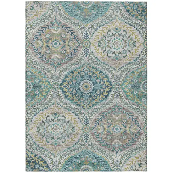 Teal Blue Fern Green And Beige Floral Washable Indoor Outdoor Area Rug Photo 8