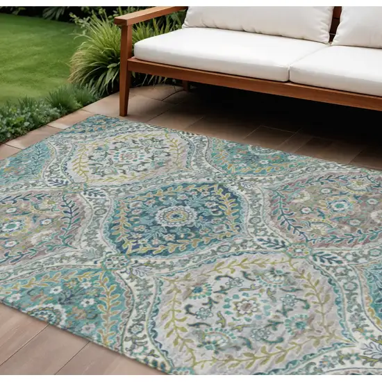 Teal Blue Fern Green And Beige Floral Washable Indoor Outdoor Area Rug Photo 2