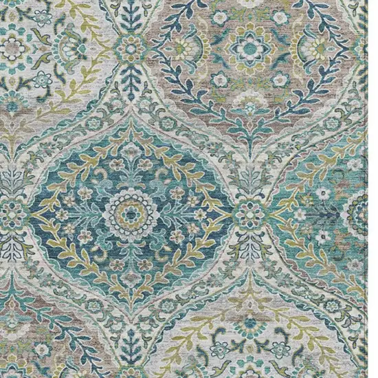 Teal Blue Fern Green And Beige Floral Washable Indoor Outdoor Area Rug Photo 3