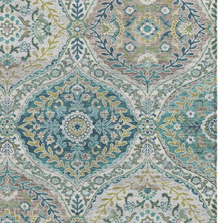 Teal Blue Fern Green And Beige Floral Washable Indoor Outdoor Area Rug Photo 3